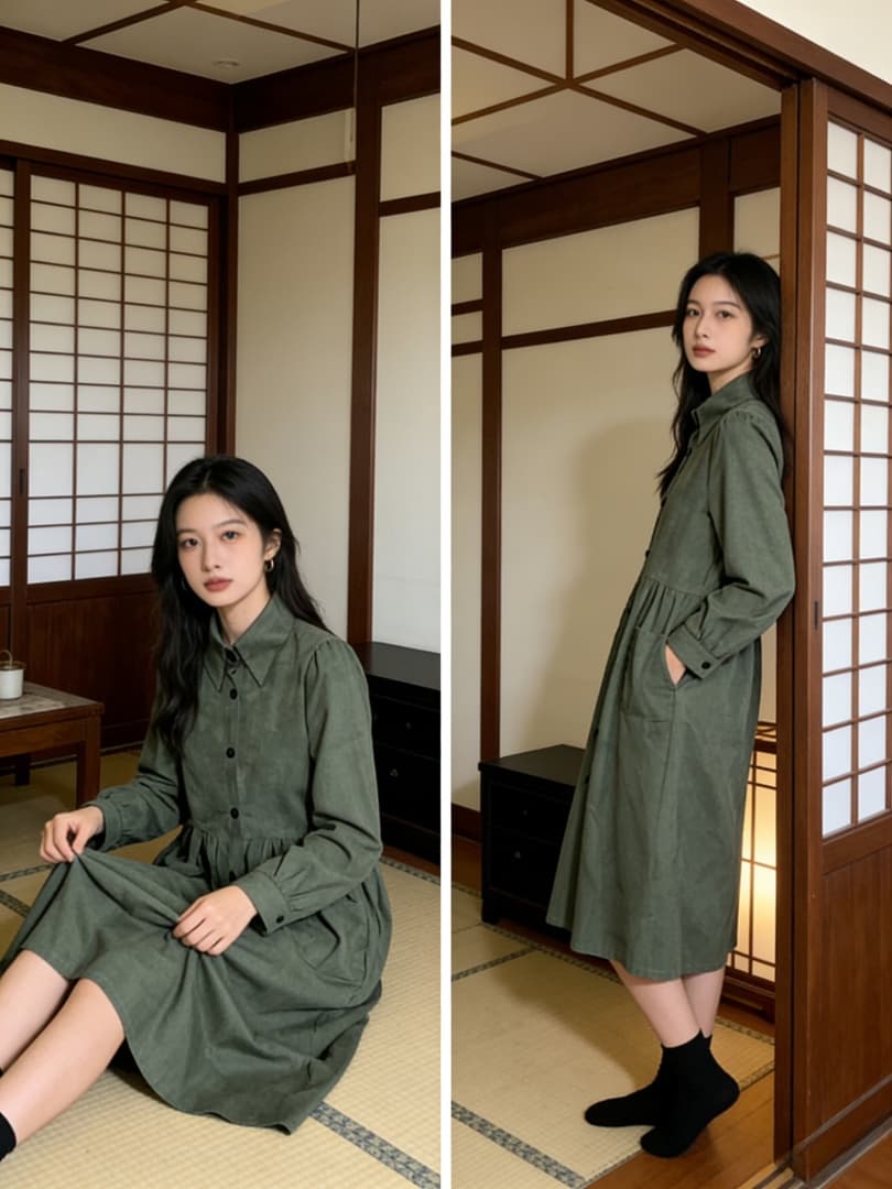 녹색 셔츠 여성 드레스 2026 년 봄 가을 한 부서 디자인 센스 POLO 칼라 루즈핏 표지 고기 싱글 줄 버튼 롱 스커트 상세 이미지 7