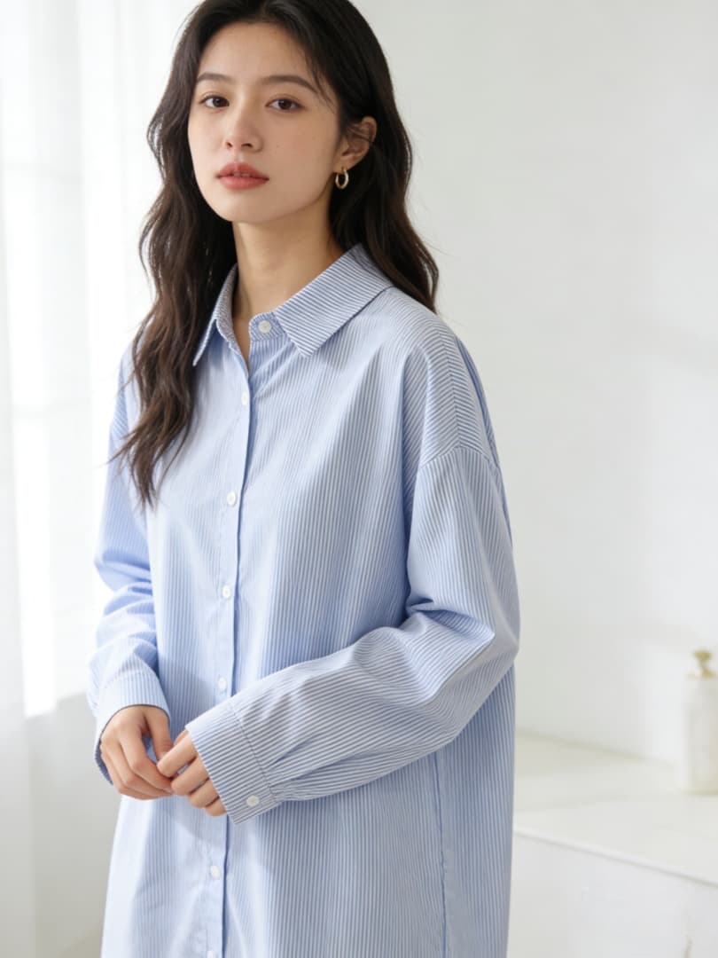분말 스트라이프 블루 스트라이프 셔츠 드레스 2026 새로운 한 부서 루즈핏 캐주얼 레트로 표지 고기 연령 감소 다용도 롱 스커트 여성
