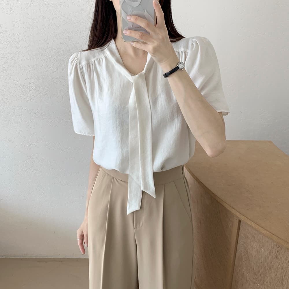 쉬폰 여성 셔츠 프랑스식 Chic 달콤함 품격 부드러운 반팔 맨위 chic 레이스업 디자인 센스 작은 대중 셔츠