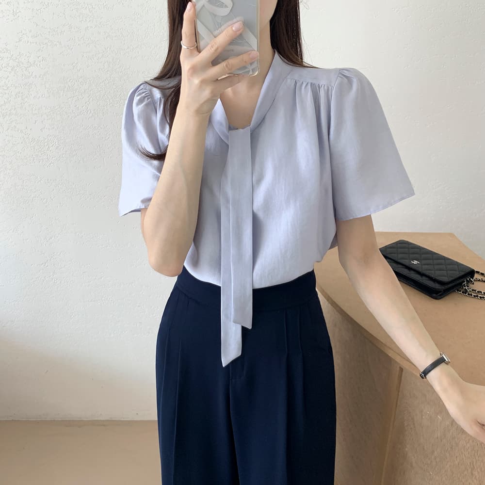 쉬폰 여성 셔츠 프랑스식 Chic 달콤함 품격 부드러운 반팔 맨위 chic 레이스업 디자인 센스 작은 대중 셔츠 상세 이미지 1
