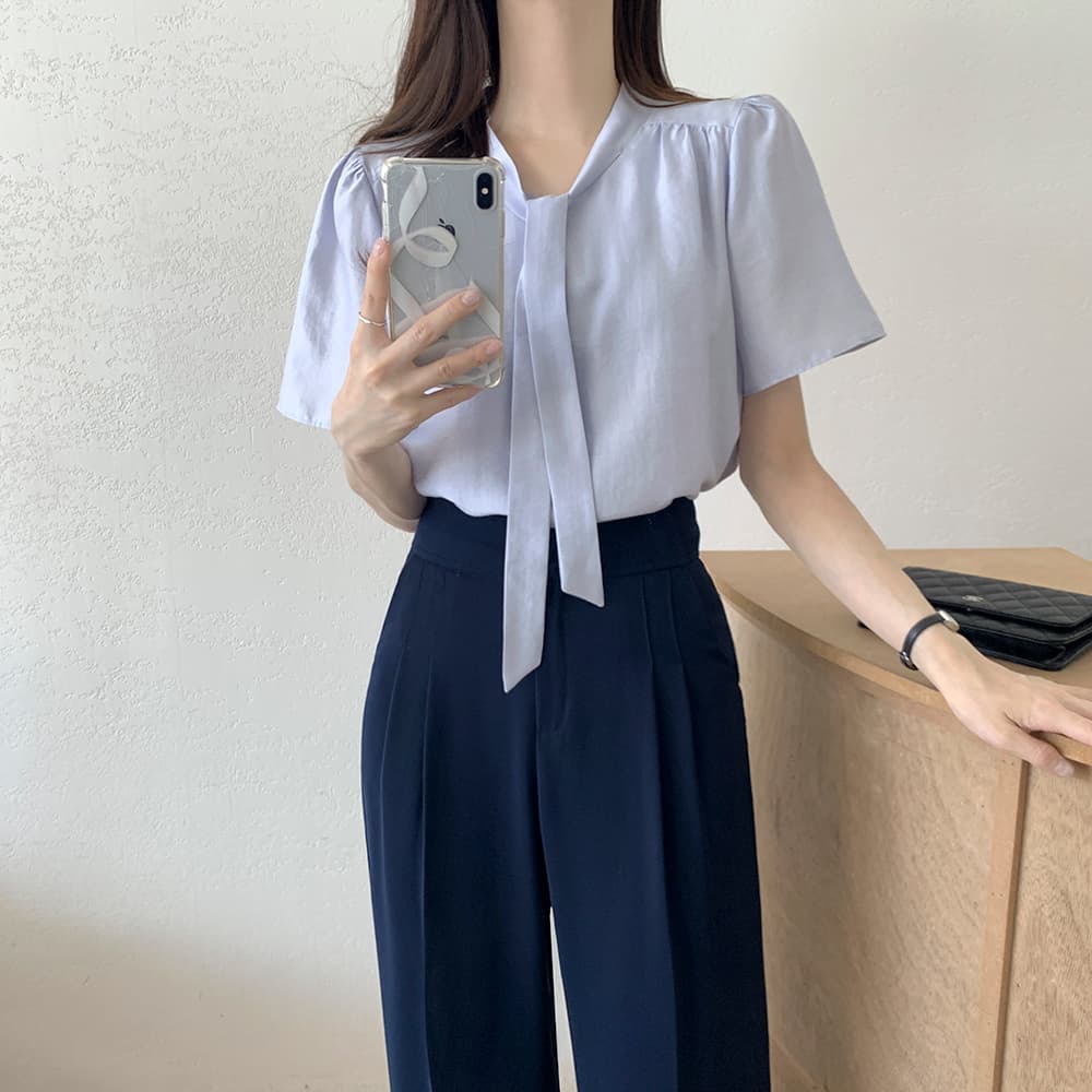 쉬폰 여성 셔츠 프랑스식 Chic 달콤함 품격 부드러운 반팔 맨위 chic 레이스업 디자인 센스 작은 대중 셔츠 상세 이미지 4