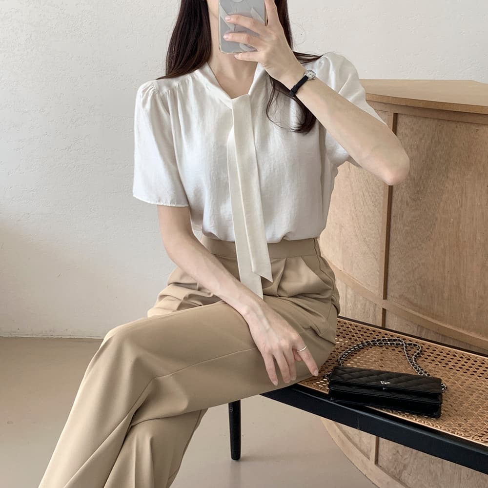 쉬폰 여성 셔츠 프랑스식 Chic 달콤함 품격 부드러운 반팔 맨위 chic 레이스업 디자인 센스 작은 대중 셔츠 상세 이미지 16