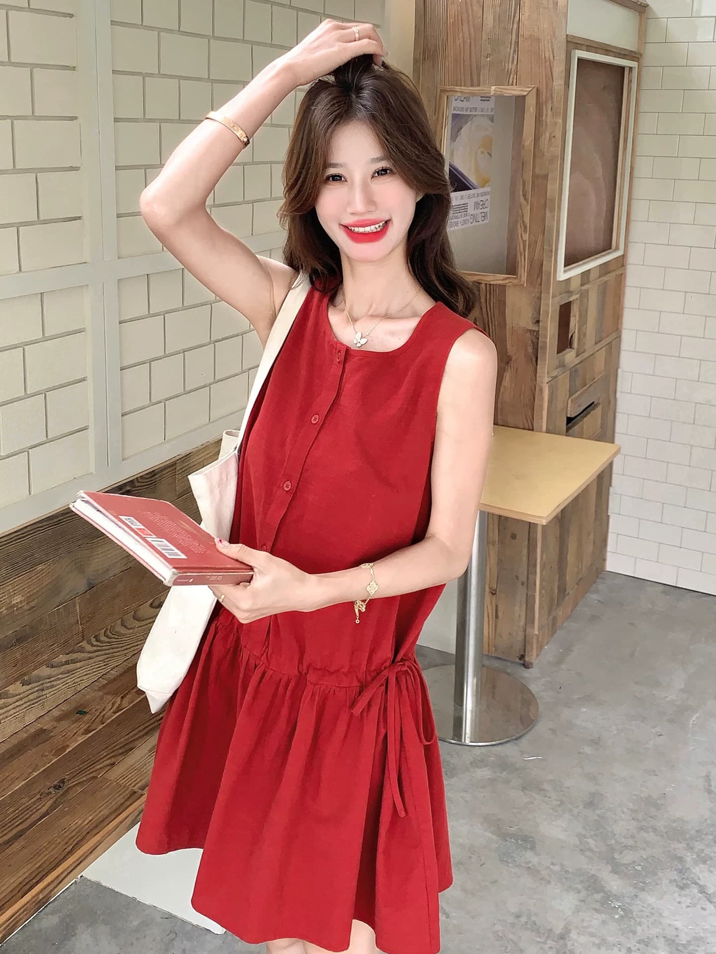 한 부서 레트로 라운드 넥 빨간색 펌프 로프 조끼 스커트 여성 2026 여름 새로운 디자인 센스 루즈핏 민소매 드레스 상세 이미지 2