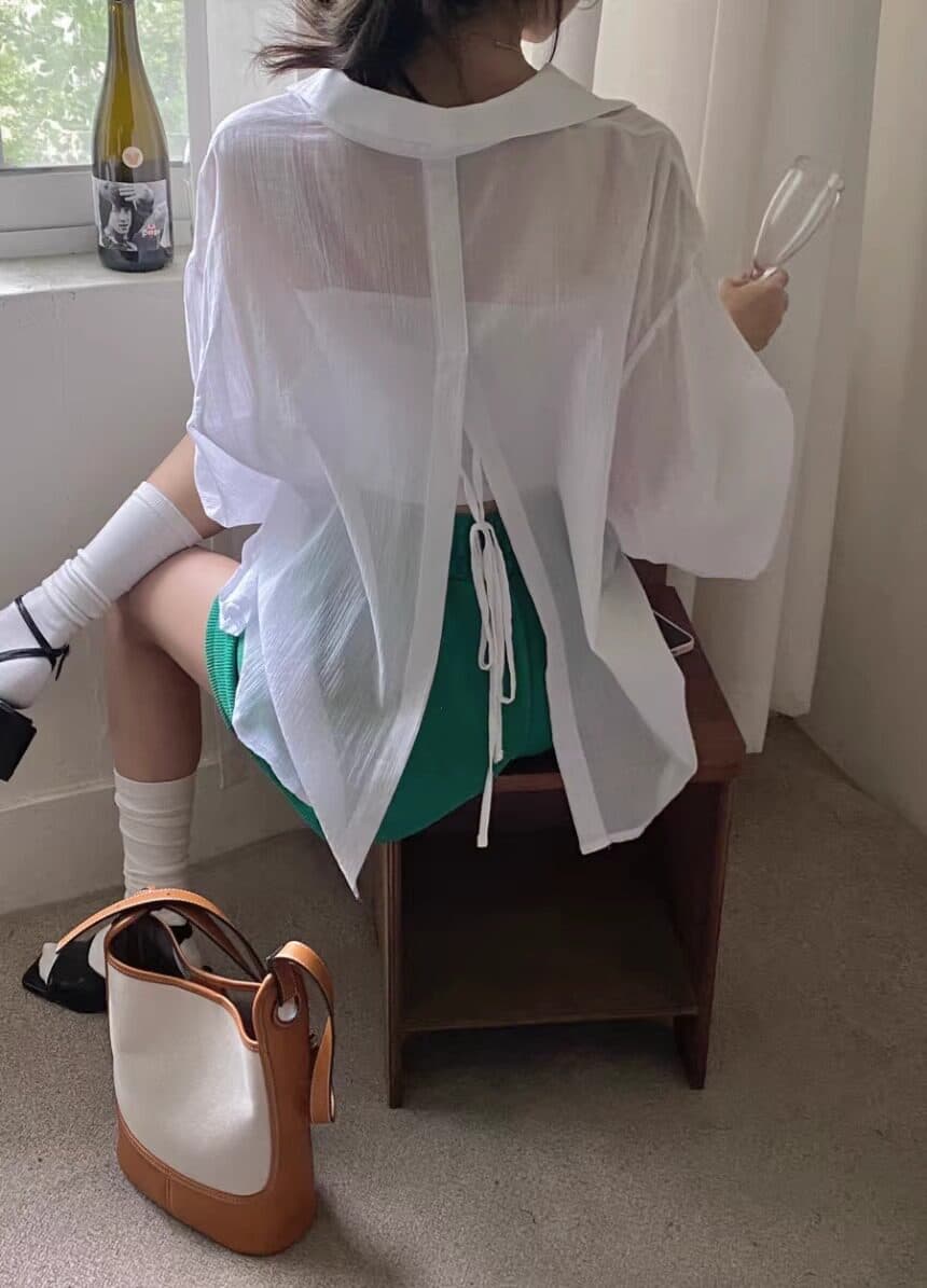 chic 봄 프랑스식 품격 폴로 칼라 작은 심장 기계 뒤로 트임 디자인 센스 마이크로 ~을 통해 얇은 스타일 자외선 차단 상세 이미지 3
