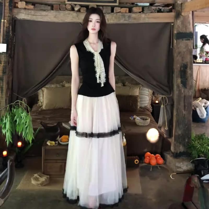 무쯔리 목자이 ~ 중 리 산 숙박 화이트 부드러운 바람 화이트 드레스 여름 큰 진자 롱 코트 망사 반신 스커트 이미지 3