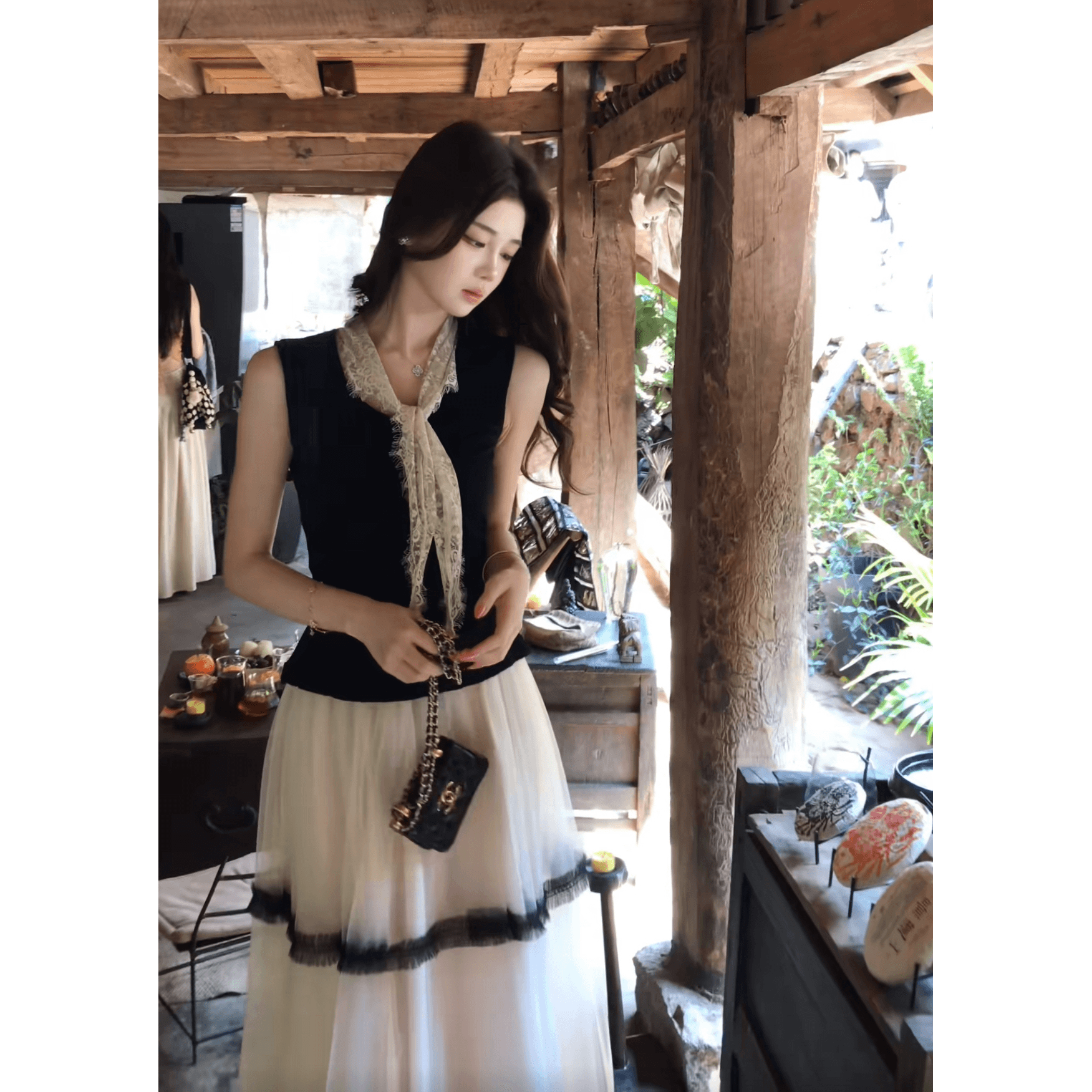 무쯔리 목자이 ~ 중 리 산 숙박 화이트 부드러운 바람 화이트 드레스 여름 큰 진자 롱 코트 망사 반신 스커트 이미지 6