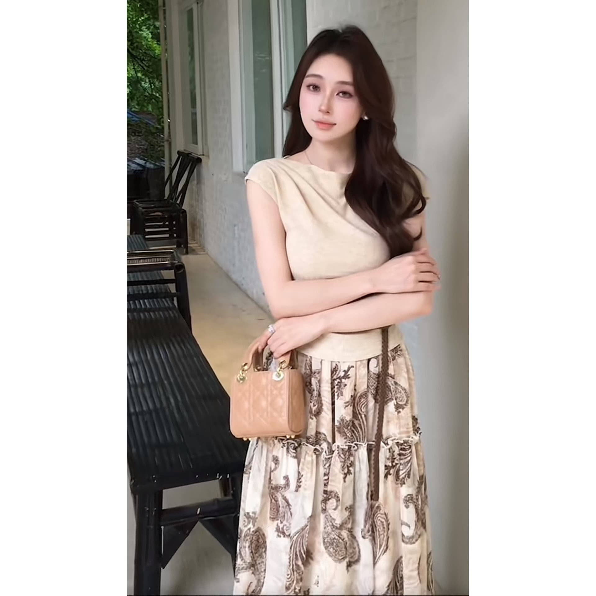 세느 프랑스식 우아함 빛 럭셔리 허리 수축 반팔 맨위 클래식 페이 S 이익 프린트 반신 스커트 세트 이미지 6