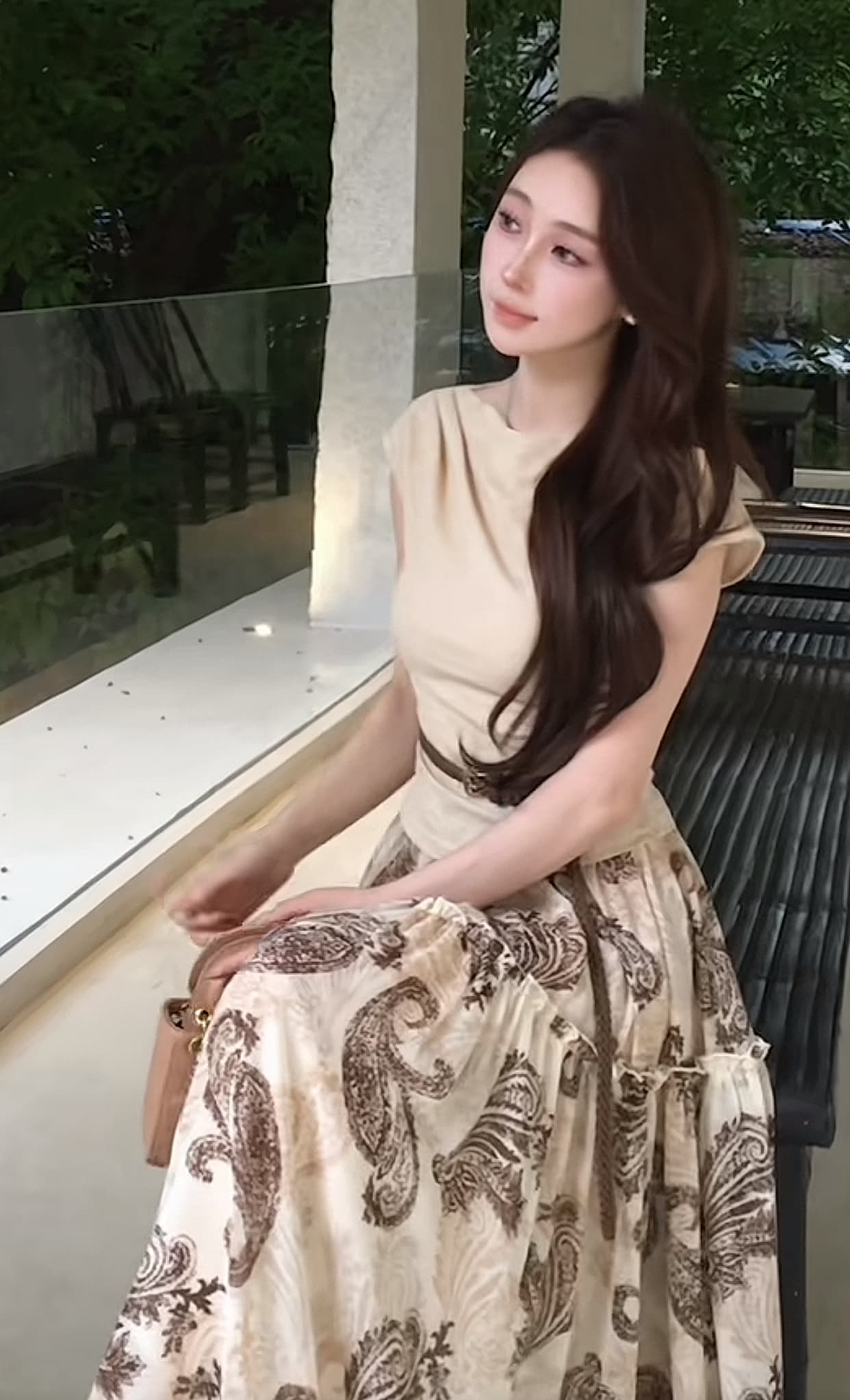 세느 프랑스식 우아함 빛 럭셔리 허리 수축 반팔 맨위 클래식 페이 S 이익 프린트 반신 스커트 세트 상세 이미지 4