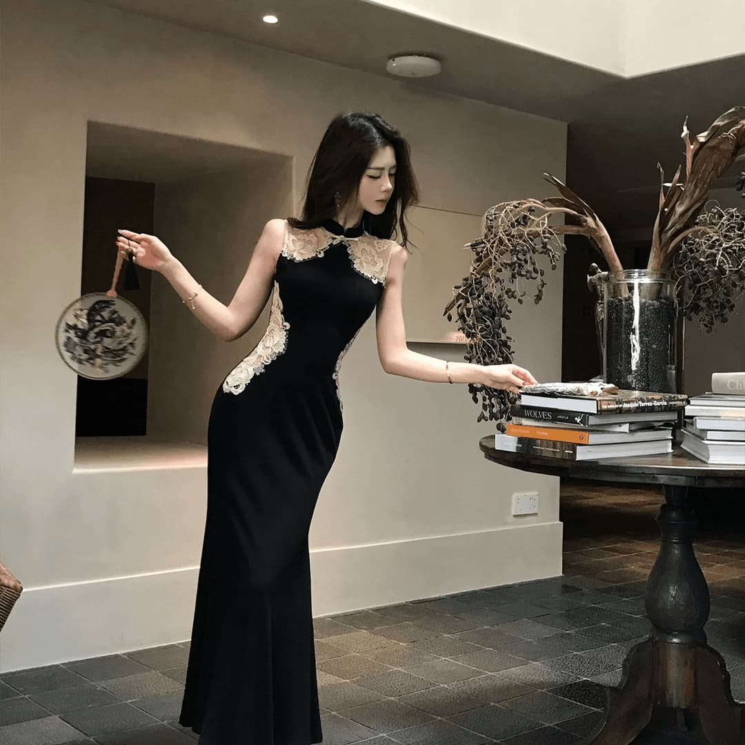 무쯔리 목자이 ~ 중 리 블랙 바람 화신 중식 디자인 센스 민소매 몸매 가꾸기 스탠드 칼라 단추 레이스 드레스 이미지 5