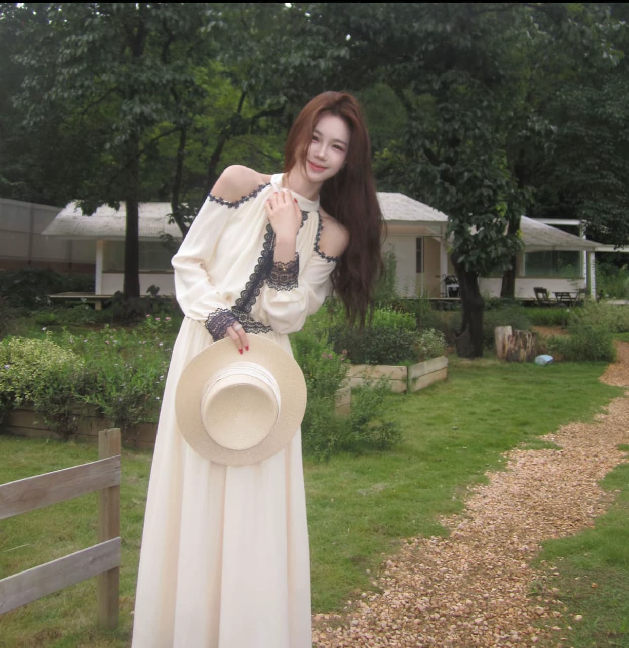 무쯔리 목자이 ~ 중 리 국가 향기 찾기 품격 바람 행침 목 오프숄더 레이스 레이스 긴팔 맨위 반신 스커트 세트 상세 이미지 3