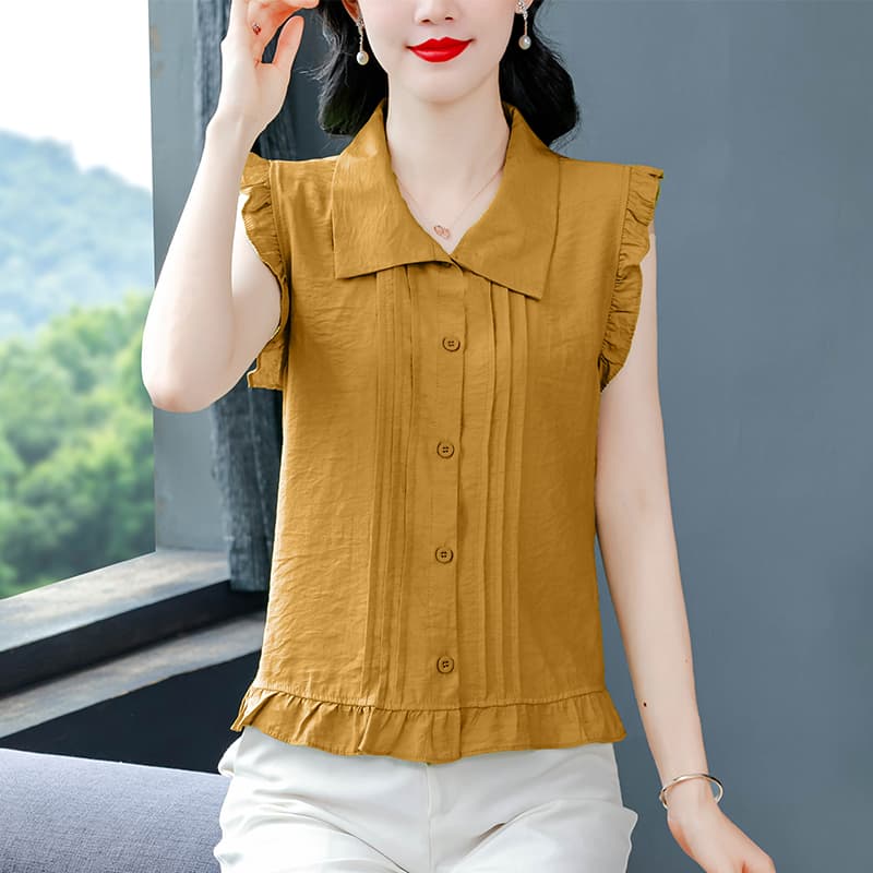 디자인 센스 압력 주름 프릴 민소매 여성 셔츠 여름 새로운 폴로 칼라 슬림해 보이는 다용도 연령 감소 인형 셔츠 맨위 이미지 4