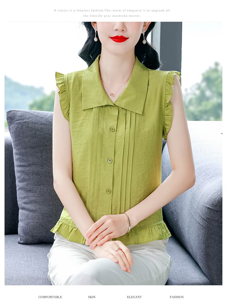 디자인 센스 압력 주름 프릴 민소매 여성 셔츠 여름 새로운 폴로 칼라 슬림해 보이는 다용도 연령 감소 인형 셔츠 맨위 상세 이미지 13