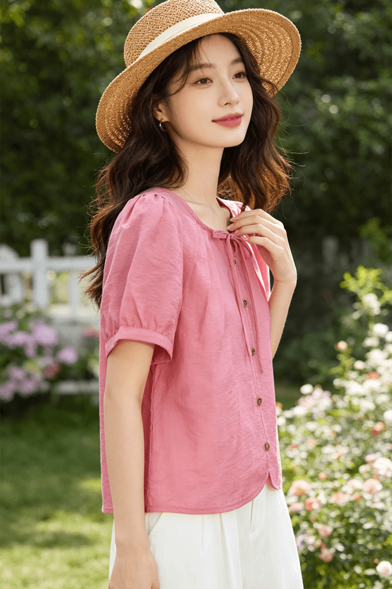 프랑스식 부드러운 바람 레이스업 거품 소매 여성 셔츠 2026 여름 새로운 주간 실크 통기성 루즈핏 슬림해 보이는 맨위 상세 이미지 3