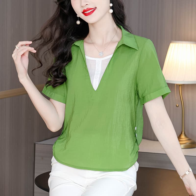 패션 페이크 레이어드 반팔 여성 셔츠 2026 여름 새로운 디자인 센스 루즈핏 표지 배 슬림해 보이는 다용도 맨위 이미지 2