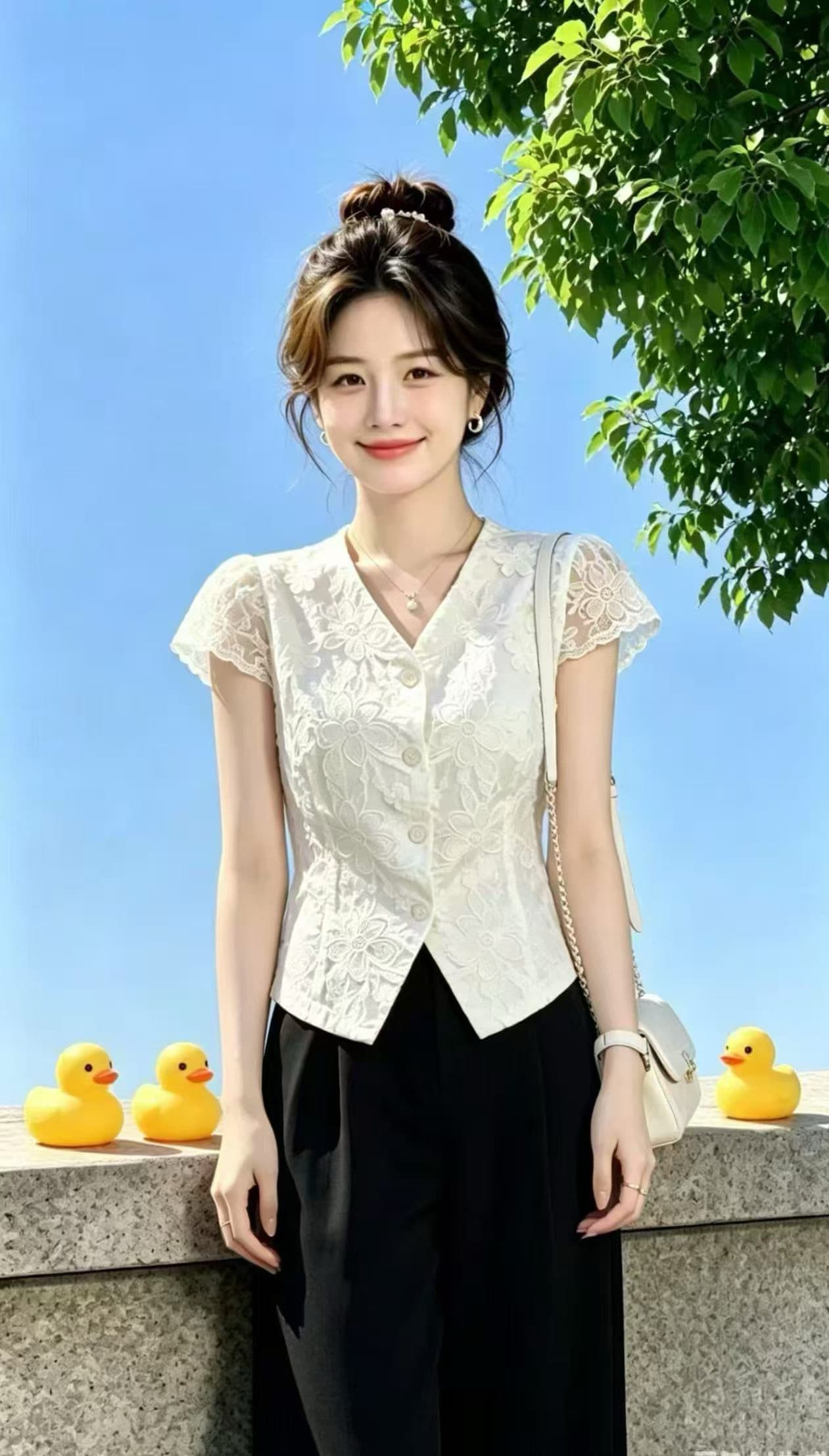 패션 프랑스식 V넥 반팔 레이스 여성 셔츠 여름 새로운 작은 키 허리 수축 품격 연령 감소 셔츠 작은 셔츠 이미지 2