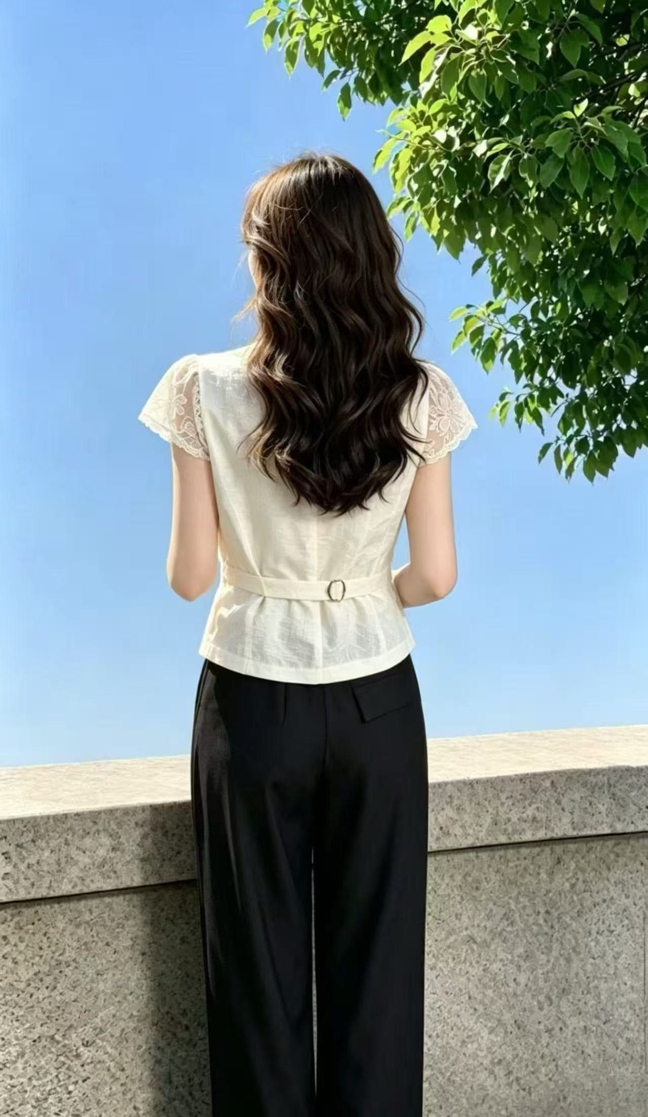패션 프랑스식 V넥 반팔 레이스 여성 셔츠 여름 새로운 작은 키 허리 수축 품격 연령 감소 셔츠 작은 셔츠 이미지 4