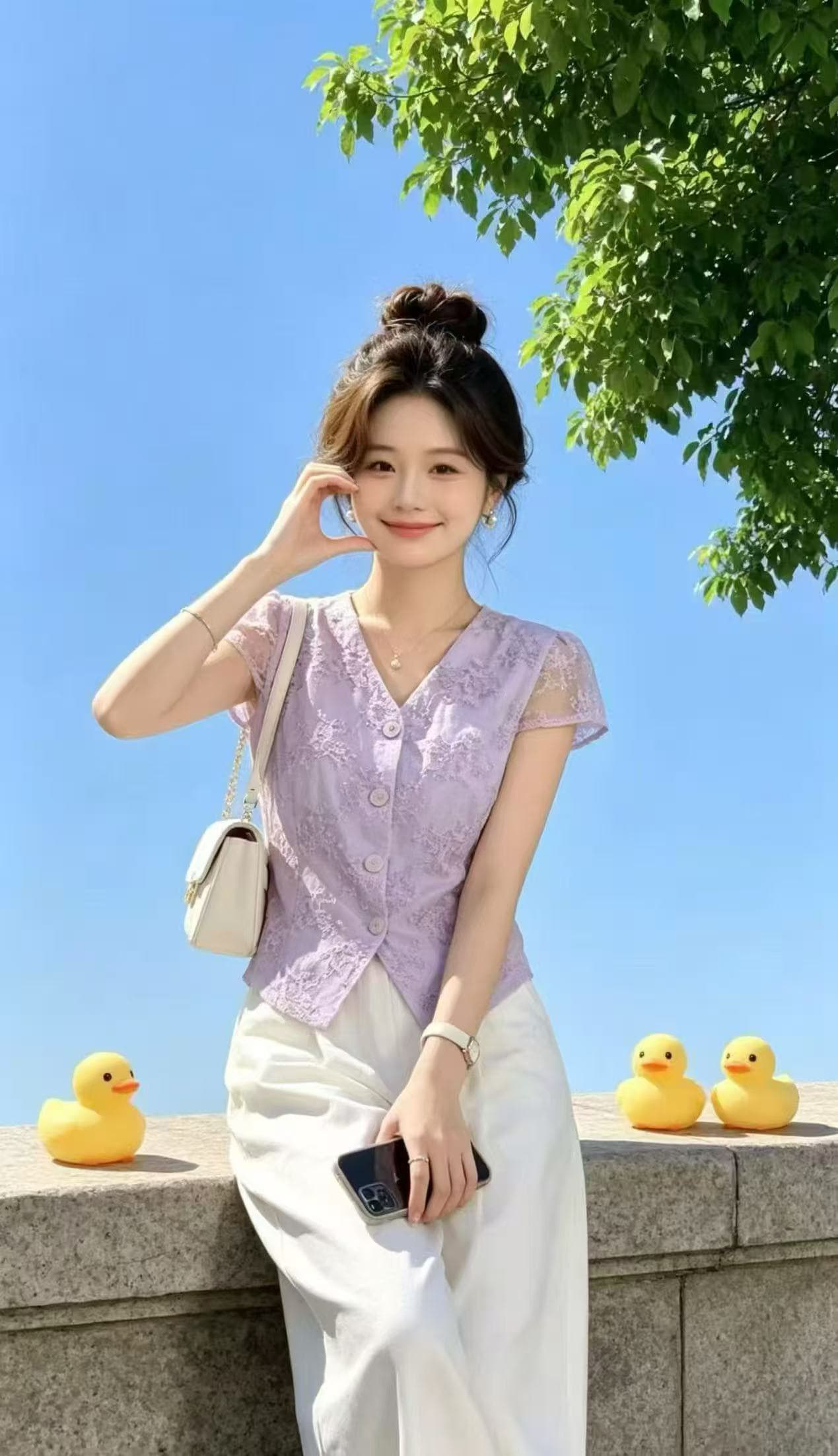 패션 프랑스식 V넥 반팔 레이스 여성 셔츠 여름 새로운 작은 키 허리 수축 품격 연령 감소 셔츠 작은 셔츠 상세 이미지 2