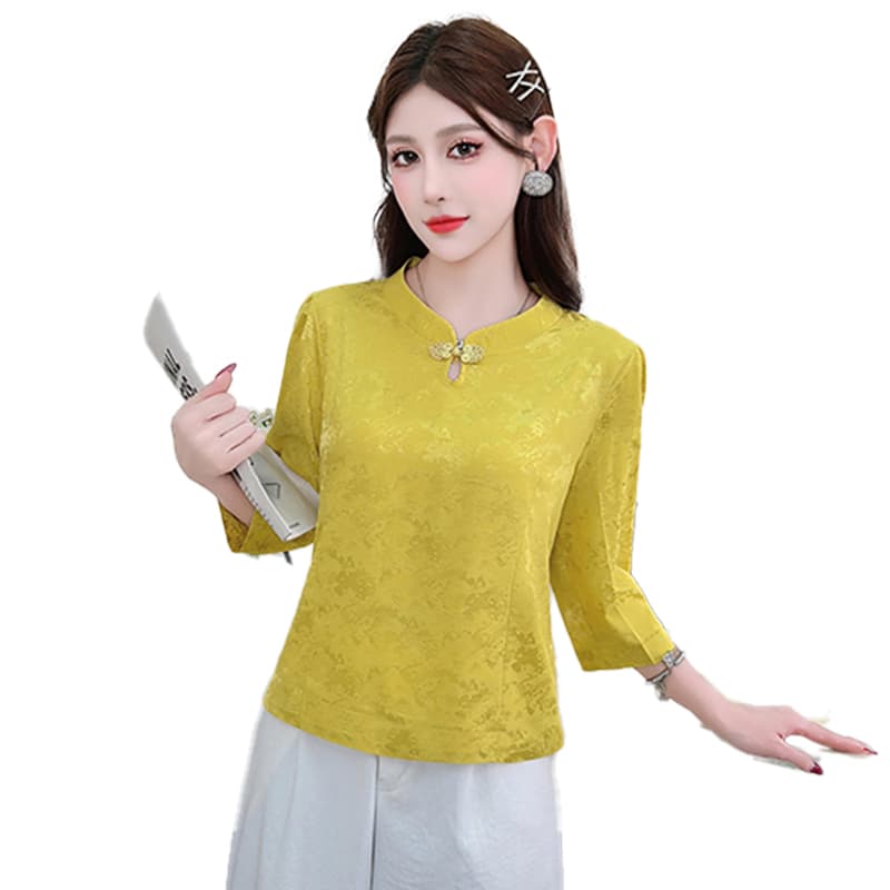 새로운 중식 자카드 여성 셔츠 7부 소매 여름 새로운 개선 치파오 국풍 맨위 몸매 가꾸기 슬림해 보이는 작은 셔츠 이미지 6