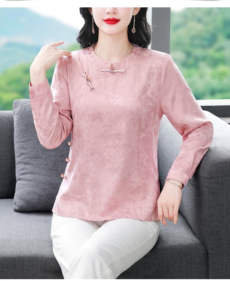 새로운 중식 국풍 라운드 넥 비스듬한 襟 단추 맨위 개선 치파오 작은 셔츠 봄과 가을 빅 사이즈 허리 수축 슬림해 보이는 셔츠 상세 이미지 11