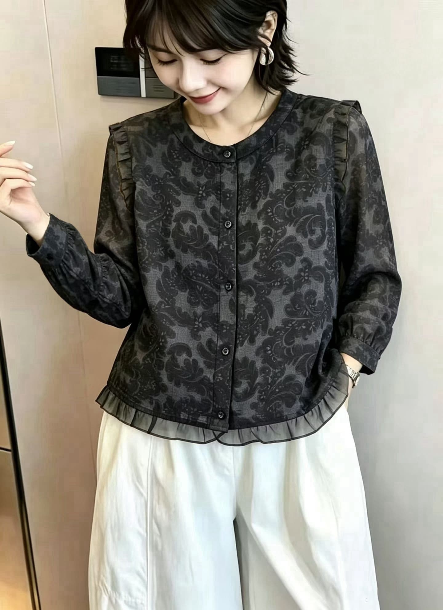 프랑스식 녹색 프린트 셔츠 여성 긴 소매 가을 새로운 엄마 루즈핏 품격 작은 셔츠 프릴 쉬폰 톱 이미지 3