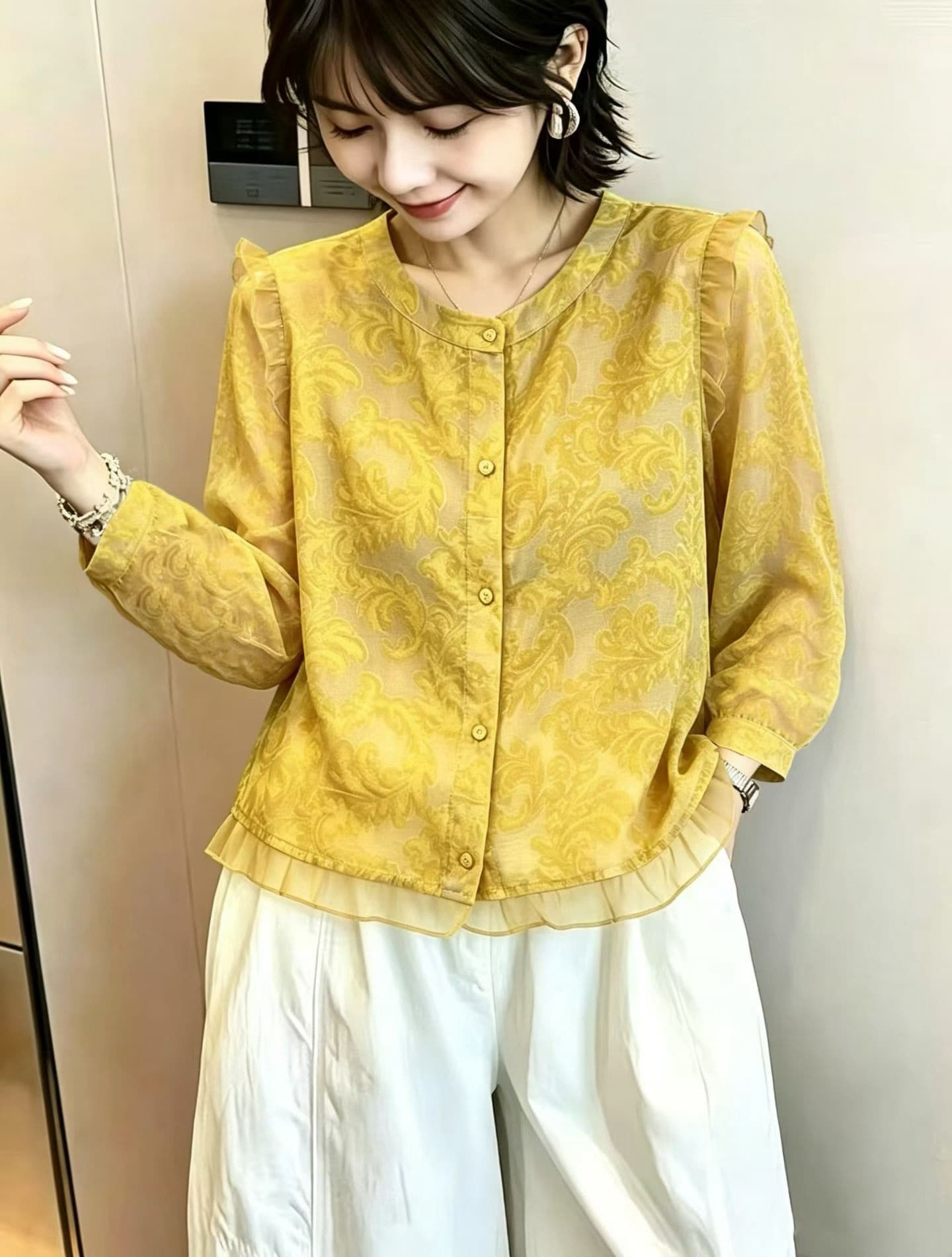 프랑스식 녹색 프린트 셔츠 여성 긴 소매 가을 새로운 엄마 루즈핏 품격 작은 셔츠 프릴 쉬폰 톱 상세 이미지 3