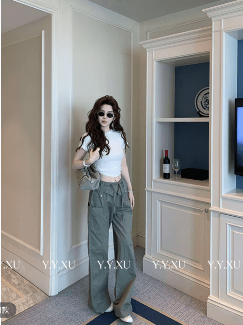화이트 레이스 측면 라운드 넥 기본 셔츠 t 10 아메리칸 레트로 워크웨어 팬츠 여성 상세 이미지 1