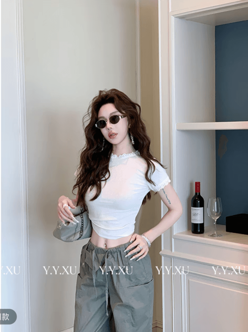 화이트 레이스 측면 라운드 넥 기본 셔츠 t 10 아메리칸 레트로 워크웨어 팬츠 여성 상세 이미지 3