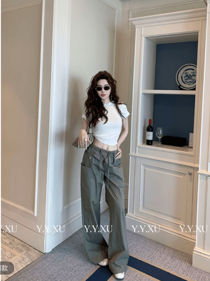 화이트 레이스 측면 라운드 넥 기본 셔츠 t 10 아메리칸 레트로 워크웨어 팬츠 여성 상세 이미지 5
