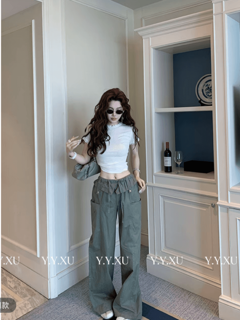 화이트 레이스 측면 라운드 넥 기본 셔츠 t 10 아메리칸 레트로 워크웨어 팬츠 여성 상세 이미지 8
