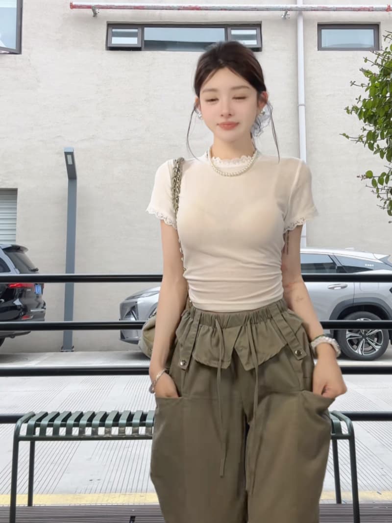 화이트 레이스 측면 라운드 넥 기본 셔츠 t 10 아메리칸 레트로 워크웨어 팬츠 여성 이미지 5