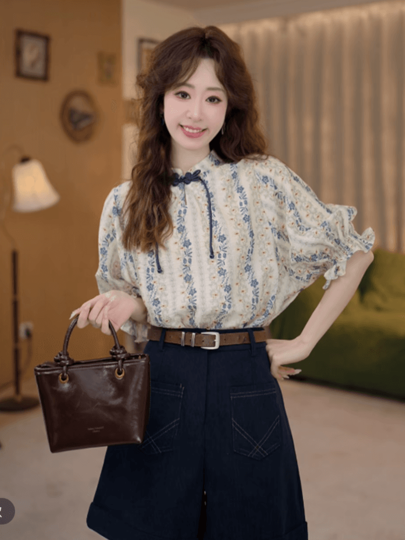 강 치자 나무 치자 나무 칠보 도자기 레트로 항구 바람 반팔 여름 루즈핏 블라우스 다용도 맨위 이미지 3