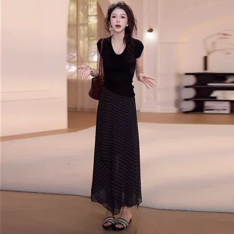 패션 세트 드레스 여성 2025 여름 새로운 외국 가스 u 단어 칼라 반팔 맨위 도트 무늬 반신 스커트 투피스 세트 트렌디 이미지 3