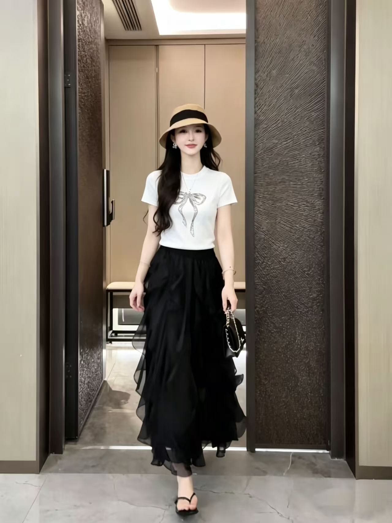 중동 훈련 특별 밝은 나비 매듭 슬림해 보이는 검정색 반팔 맨위 10 계단식 프릴 슬림해 보이는 큰 진자 반신 스커트 상세 이미지 10