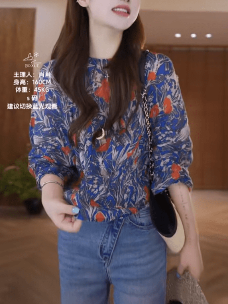녹색 棠 고급 센스 100 라미 염색 작은 꽃 빛 럭셔리 티셔츠 이미지 4