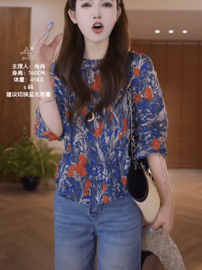 녹색 棠 고급 센스 100 라미 염색 작은 꽃 빛 럭셔리 티셔츠 상세 이미지 4