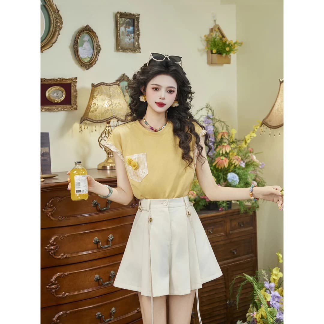 망고 밀크 셰이크 레트로 항구 바람 연령 감소 티셔츠 외국 가스 다용도 꽃 라운드 넥 반팔 10 바지 이미지 4