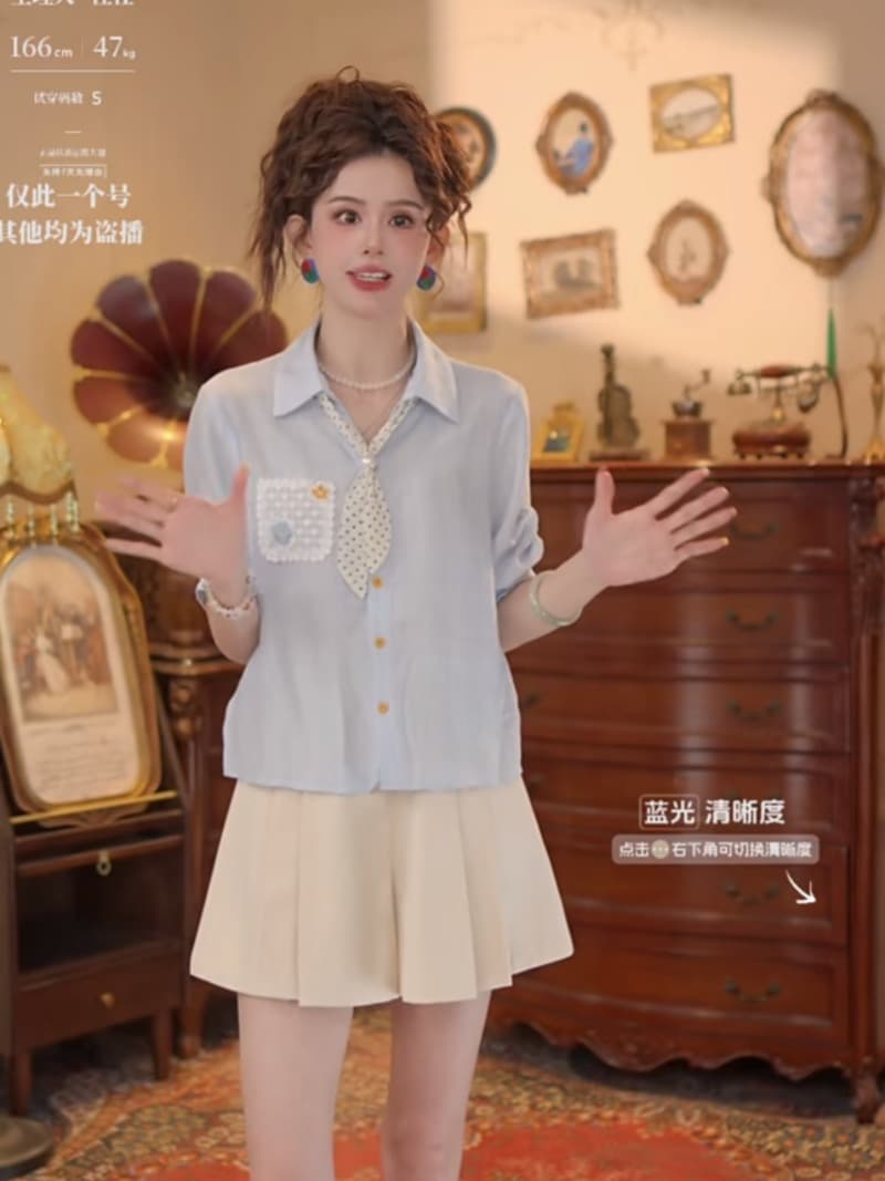 첸 대형 바다 폼 첫 키스 레트로 항구 바람 패치워크 품격 맨위 반팔 다용도 셔츠 상세 이미지 1