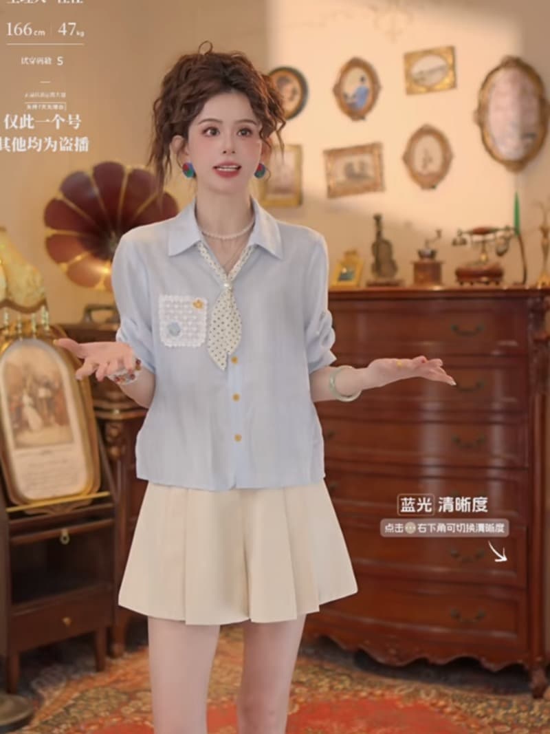 첸 대형 바다 폼 첫 키스 레트로 항구 바람 패치워크 품격 맨위 반팔 다용도 셔츠 상세 이미지 3