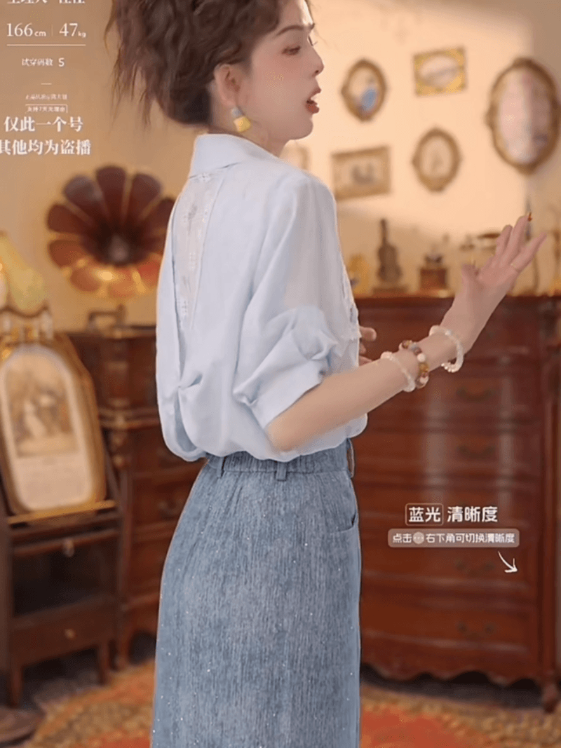 첸 대형 바다 폼 첫 키스 레트로 항구 바람 패치워크 품격 맨위 반팔 다용도 셔츠 상세 이미지 8