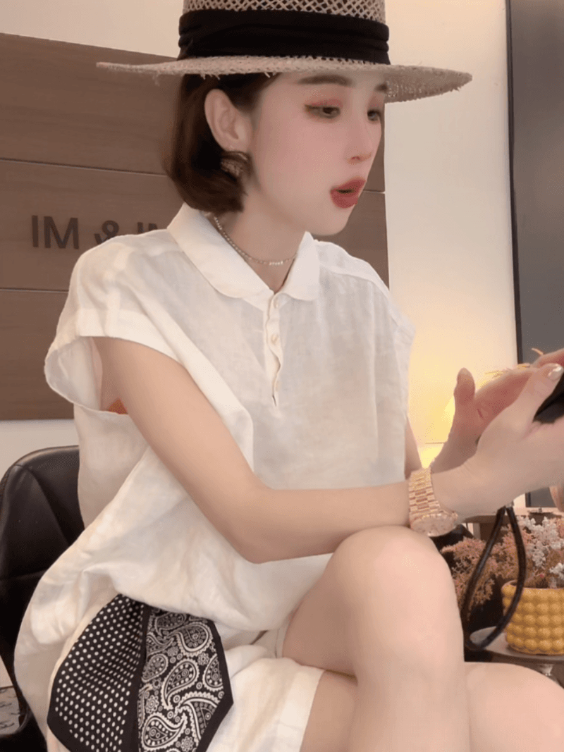쌀 쌀 새 상점 여름 새로운 작은 대중 디자인 센스 폴로 칼라 반팔 셔츠 세트 상세 이미지 4