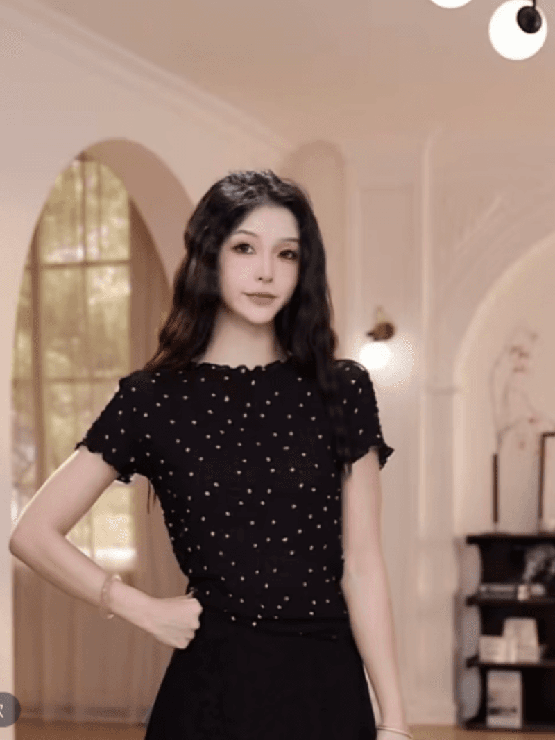 여름 작은 대중 디자인 센스 도트 무늬 레이스 반팔 t 셔츠 세트 이미지 2