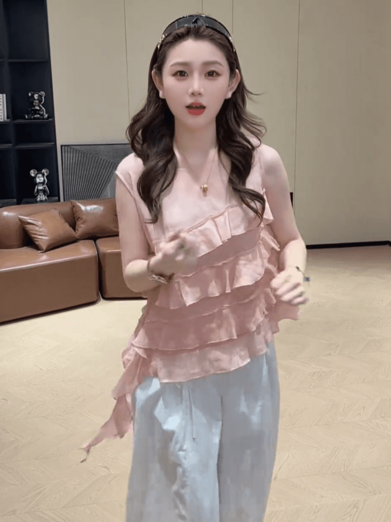 여름 프랑스식 프릴 리본 민소매 품격 작은 셔츠 루즈핏 패션 맨위 이미지 3