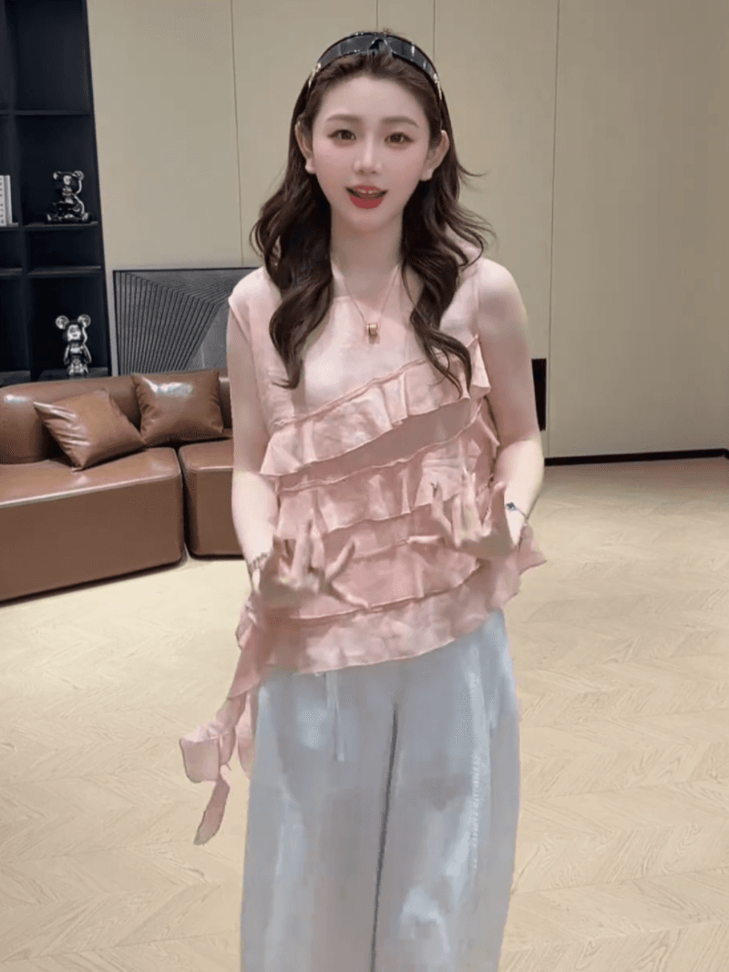 여름 프랑스식 프릴 리본 민소매 품격 작은 셔츠 루즈핏 패션 맨위 상세 이미지 6