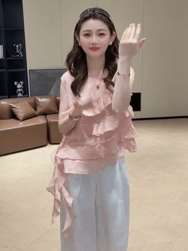 여름 프랑스식 프릴 리본 민소매 품격 작은 셔츠 루즈핏 패션 맨위 상세 이미지 7