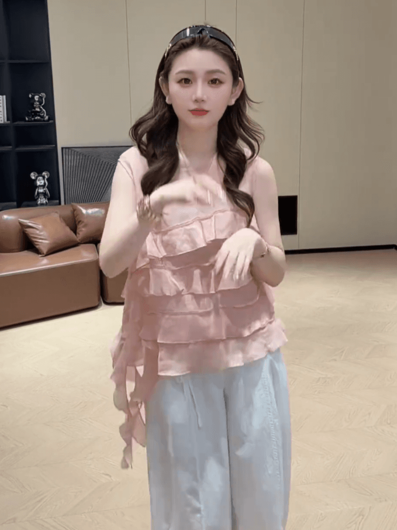 여름 프랑스식 프릴 리본 민소매 품격 작은 셔츠 루즈핏 패션 맨위 상세 이미지 10