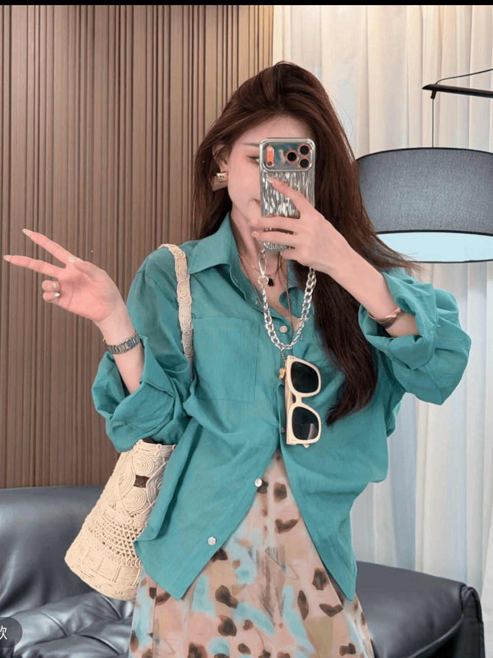 선적 중 여름 새로운 고급 센스 루즈핏 프랑스식 빛 요리 한 센스 캐주얼 바람 라미 셔츠 세트 이미지 5