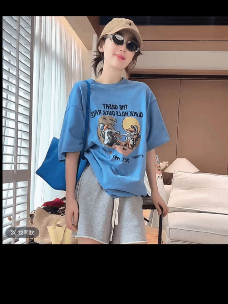 쉬 징 징 레트로 오리 새끼 프린트 반팔 미니멀리즘 고급 센스 루즈핏 슬림해 보이는 한 부서 캐주얼 티셔츠 세트 상세 이미지 5
