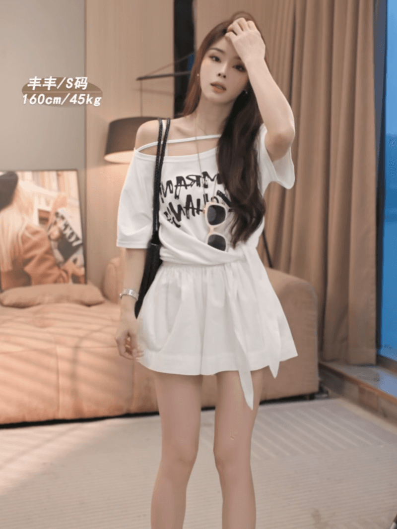 여름 새로운 순수한 욕망 바람 비스듬한 오프숄더 알파벳 프린트 다용도 슬림해 보이는 반팔 티셔츠 세트 상세 이미지 9