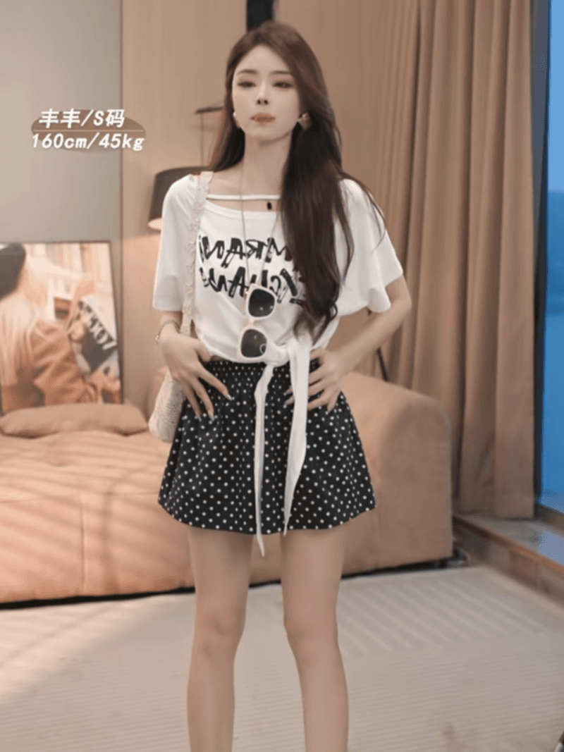 여름 새로운 순수한 욕망 바람 비스듬한 오프숄더 알파벳 프린트 다용도 슬림해 보이는 반팔 티셔츠 세트 상세 이미지 10