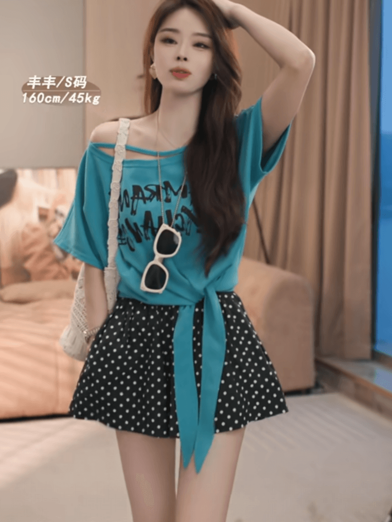 여름 새로운 순수한 욕망 바람 비스듬한 오프숄더 알파벳 프린트 다용도 슬림해 보이는 반팔 티셔츠 세트 상세 이미지 13
